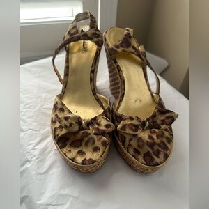 Guess Leopard-Print Bow Wedge Sandals in Brown and Gold